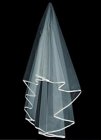 ウェディングベール　ホワイト　チュール　リボン　クラシック　1層　フィニッシュドエッジ　