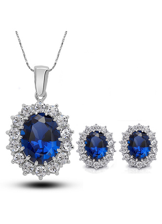 Wedding Jewelry Set Rhinestone Blue Pendant Necklace With Pierced Ear Stud