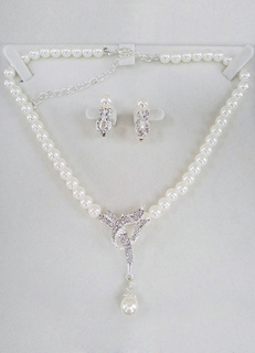 Pearl Wedding Jewelry Vintage Bridal Necklace Set With Rhinestone Clip On Earrings