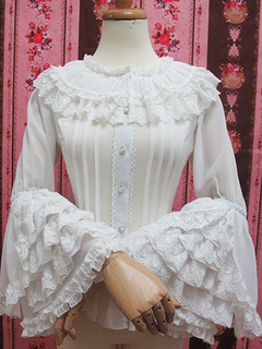 Lolitashow Sweet Lolita Blouses White Chiffon Ruffle Tiered Hime Sleeves Lolita Shirts