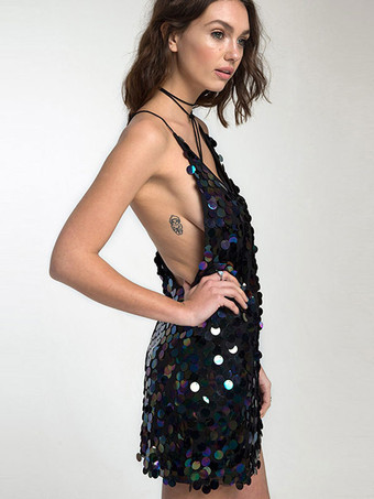 タイトワンピース ブラック キャバドレス セクシー 無地 レディースファッション ノースリーブ バックレス スパンコール ストラップ シークイン ボディコンワンピース