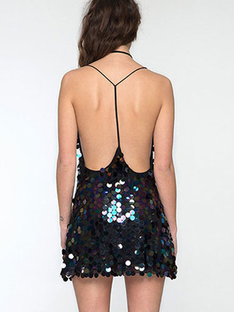 タイトワンピース ブラック キャバドレス セクシー 無地 レディースファッション ノースリーブ バックレス スパンコール ストラップ シークイン ボディコンワンピース