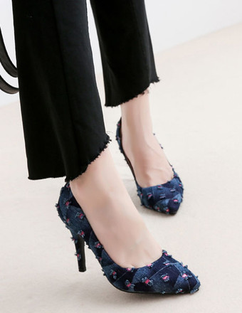 ハイヒール ポインテッドトゥ パンプス ライトスカイブルー ゴブレット 9.5cm ストーンウオッシュ 無地 シューズ ハイヒールシューズ スリップオン 結婚式 二次会 通勤用 仕事 キャバ 卒園式 卒園式 レディース靴