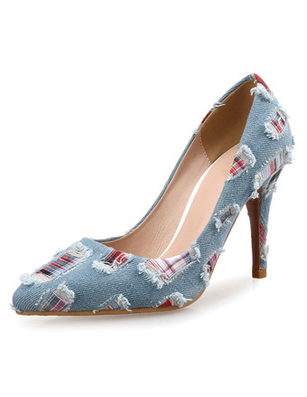 ライトスカイブルーハイヒール ポインテッドトゥ パンプス ライトスカイブルー ゴブレット 9.5cm ストーンウオッシュ 無地 シューズ ハイヒールシューズ スリップオン 結婚式 二次会 通勤用 仕事 キャバ 卒園式 卒園式 レディース靴