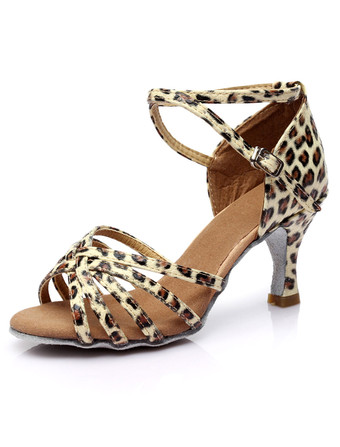 ヒョウ柄ボールルーム　ダンスシューズ　2025　ラテンダンスシューズ　サテン　クリスクロス　ボールルームシューズ