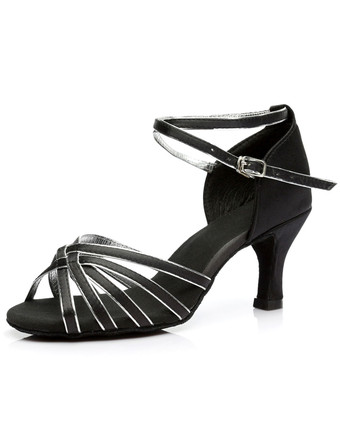 ブラックシルバーボールルーム　ダンスシューズ　2025　ラテンダンスシューズ　サテン　クリスクロス　ボールルームシューズ