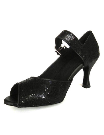 ラテンシューズ スパンコール ブラック スティレットヒール バックル ダンスシューズ