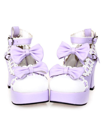 Lolitashow Sapatos de Pony doce Lolita de saltos plataforma arcos branco guarnição tornozelo cinta coração forma fivelas