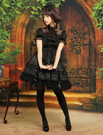 Lolitashow Gothic Black Bow Ruffles Jacquard Chiffon Lolita Skirts 