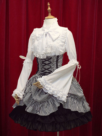 Lolitashow Black White Stripe High Waist Lolita Skirt Cotton Lace Up