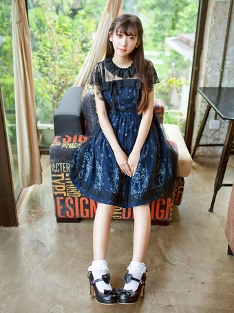 Lolitashow Sweet Lolita Dress Harajuku Starry Night Angel Printed OP Lolita One Piece Dress