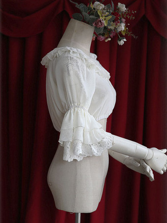 白いシフォン ロリータ ブラウス中間姫袖レース トリム ハイ ウエスト