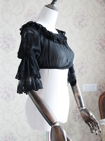 白いシフォン ロリータ ブラウス中間姫袖レース トリム ハイ ウエスト