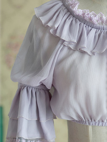 白いシフォン ロリータ ブラウス中間姫袖レース トリム ハイ ウエスト