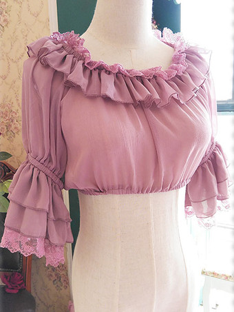 ライラックカラー白いシフォン ロリータ ブラウス中間姫袖レース トリム ハイ ウエスト