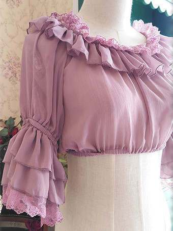 白いシフォン ロリータ ブラウス中間姫袖レース トリム ハイ ウエスト