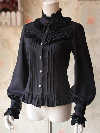 ブラック ロリィタブラウス　シフォン　長袖　レース　ポートレイトネック　カジュアル　スウィート　