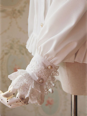 ロリィタブラウス　シフォン　長袖　レース　ポートレイトネック　カジュアル　スウィート　