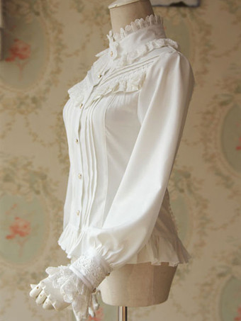 ロリィタブラウス　シフォン　長袖　レース　ポートレイトネック　カジュアル　スウィート　