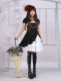 Lolitashow Cotton Applique Lolita One-piece Dress Short Sleeves Pearl String Bow Layers Ruffles