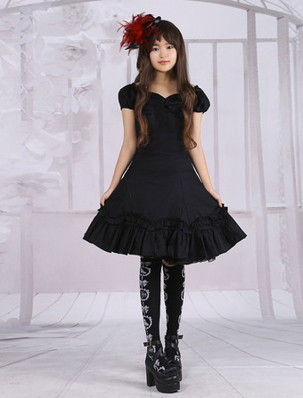 Lolitashow Black Short Sleeves Bow Cotton Classic Lolita Dress