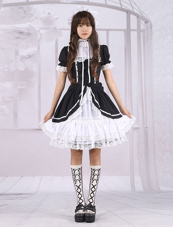 Lolitashow Vestito da Lolita bianco e nero dolce in cotone con maniche lunghe 