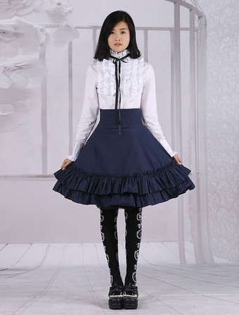 Lolitashow Cotton White Lolita Blouse Long Sleeves and Black Lolita Skirt Outfits