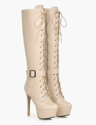 アイボリーニーハイブーツ プラットフォーム レディース パテントレースアップ ラウンドトウ スティレットヒール ウィンターブーツ