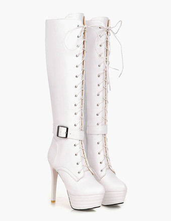 ホワイト ニーハイブーツ プラットフォーム レディース パテントレースアップ ラウンドトウ スティレットヒール ウィンターブーツ