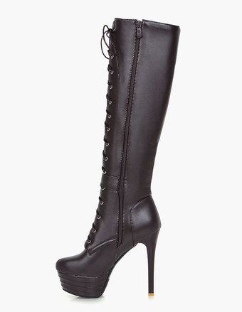 ニーハイブーツ プラットフォーム レディース パテントレースアップ ラウンドトウ スティレットヒール ウィンターブーツ