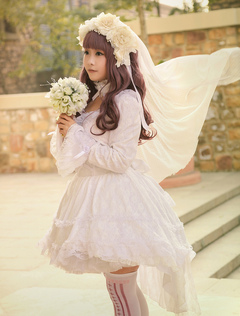 Lolitashow Lolita Wedding Dress White Lace Hime Long Sleeve High Low One Piece Lolita Dress