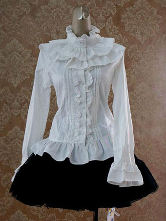 ホワイト ロリィタブラウス 長袖 ラッフル スウィート　 スタンドカラー コットン