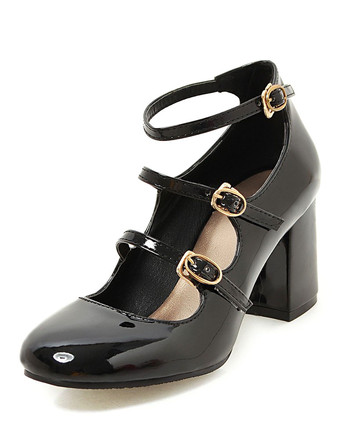 ブラック パンプス ラウンドトゥ ミッドローヒールシューズ チャンキーヒール 7cm ピンク シューズ PU バックル 無地 アンクルストラップ パンプス オフィス レディース靴