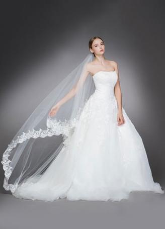 milanoo.com Cathedral Comb Wedding Veil White Tulle Oval Lace Applique Edge Bridal Veils