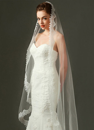 milanoo.com Cathedral Comb Wedding Veil White Tulle Oval Lace Applique Edge Bridal Veils