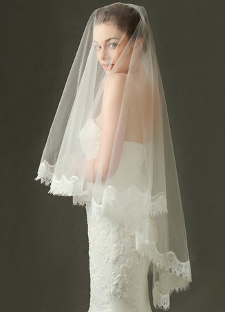 milanoo.com Cathedral Comb Wedding Veil White Tulle Oval Lace Applique Edge Bridal Veils