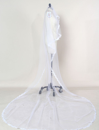 milanoo.com Cathedral Comb Wedding Veil White Tulle Oval Lace Applique Edge Bridal Veils