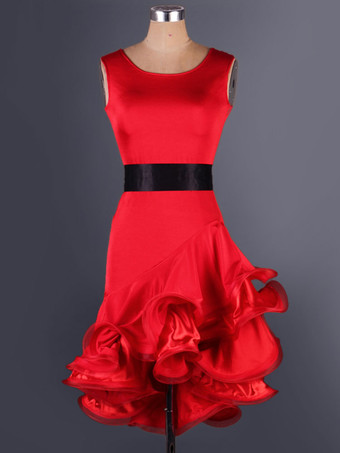 レッドラテンダンス衣装　女性用　ラテンダンサー　シック＆モダン　オーガンザ　バックレス　大人用　ドレス&サッシュベルト　