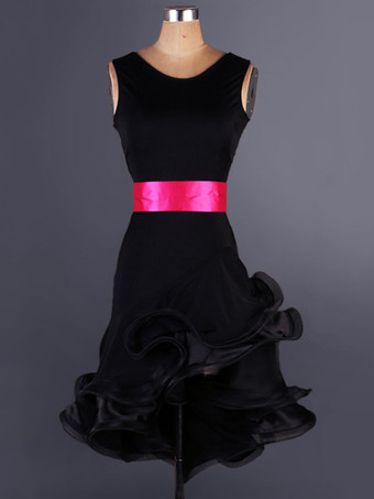 ブラック ラテンダンス衣装　女性用　ラテンダンサー　シック＆モダン　オーガンザ　バックレス　大人用　ドレス&サッシュベルト　