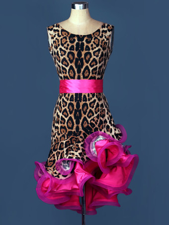 ヒョウ柄ラテンダンス衣装　女性用　ラテンダンサー　シック＆モダン　オーガンザ　バックレス　大人用　ドレス&サッシュベルト　