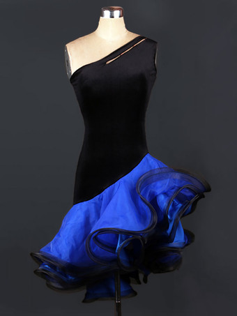 ロイヤルブルーラテンダンス衣装　ラテンダンサー　女性用　シック＆モダン　大人用　アシンメトリー　オーガンザ　2カラーブロック　ドレス　