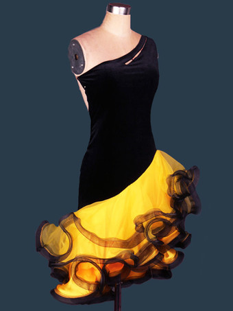 イエローラテンダンス衣装　ラテンダンサー　女性用　シック＆モダン　大人用　アシンメトリー　オーガンザ　2カラーブロック　ドレス　