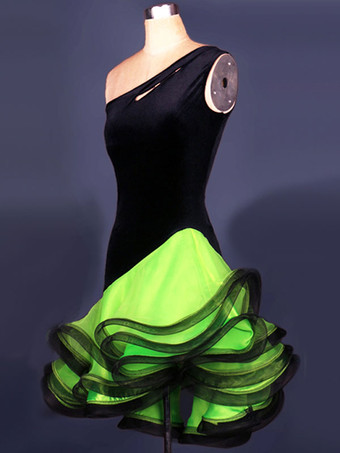 ラテンダンス衣装　ラテンダンサー　女性用　シック＆モダン　大人用　アシンメトリー　オーガンザ　2カラーブロック　ドレス　