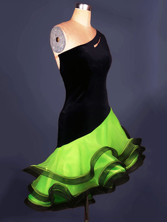 グラスグリーンラテンダンス衣装　ラテンダンサー　女性用　シック＆モダン　大人用　アシンメトリー　オーガンザ　2カラーブロック　ドレス　