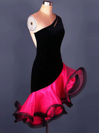 ラテンダンス衣装　ラテンダンサー　女性用　シック＆モダン　大人用　アシンメトリー　オーガンザ　2カラーブロック　ドレス　
