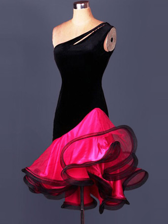 ラテンダンス衣装　ラテンダンサー　女性用　シック＆モダン　大人用　アシンメトリー　オーガンザ　2カラーブロック　ドレス　