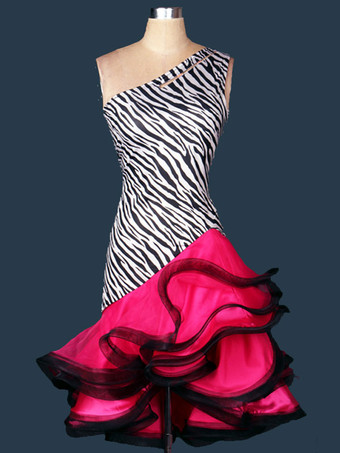 ホワイト ラテンダンス衣装　ラテンダンサー　女性用　シック＆モダン　大人用　アシンメトリー　オーガンザ　2カラーブロック　ドレス　