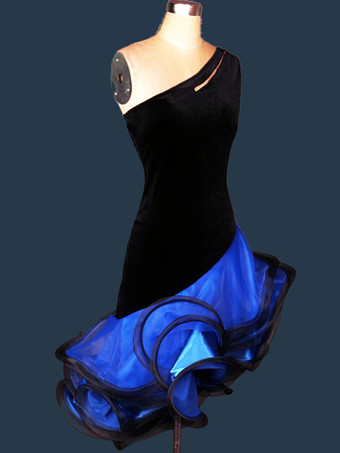 ラテンダンス衣装　ラテンダンサー　女性用　シック＆モダン　大人用　アシンメトリー　オーガンザ　2カラーブロック　ドレス　