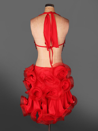 ダンス衣装　ラテンダンス　ラテンダンサー　女性用　シック＆モダン　大人用　バックレス　オーガンザ　パフォーマンス　無地　ドレス　