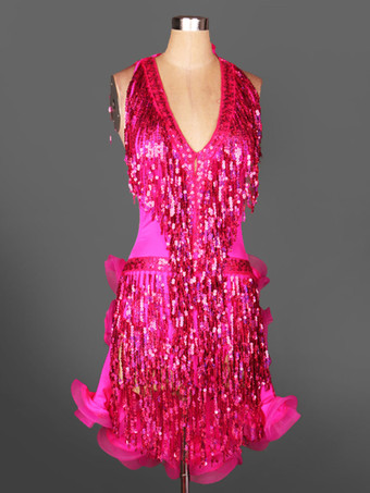 ローズレッドダンス衣装　ラテンダンス　ラテンダンサー　女性用　シック＆モダン　大人用　バックレス　オーガンザ　パフォーマンス　無地　ドレス　